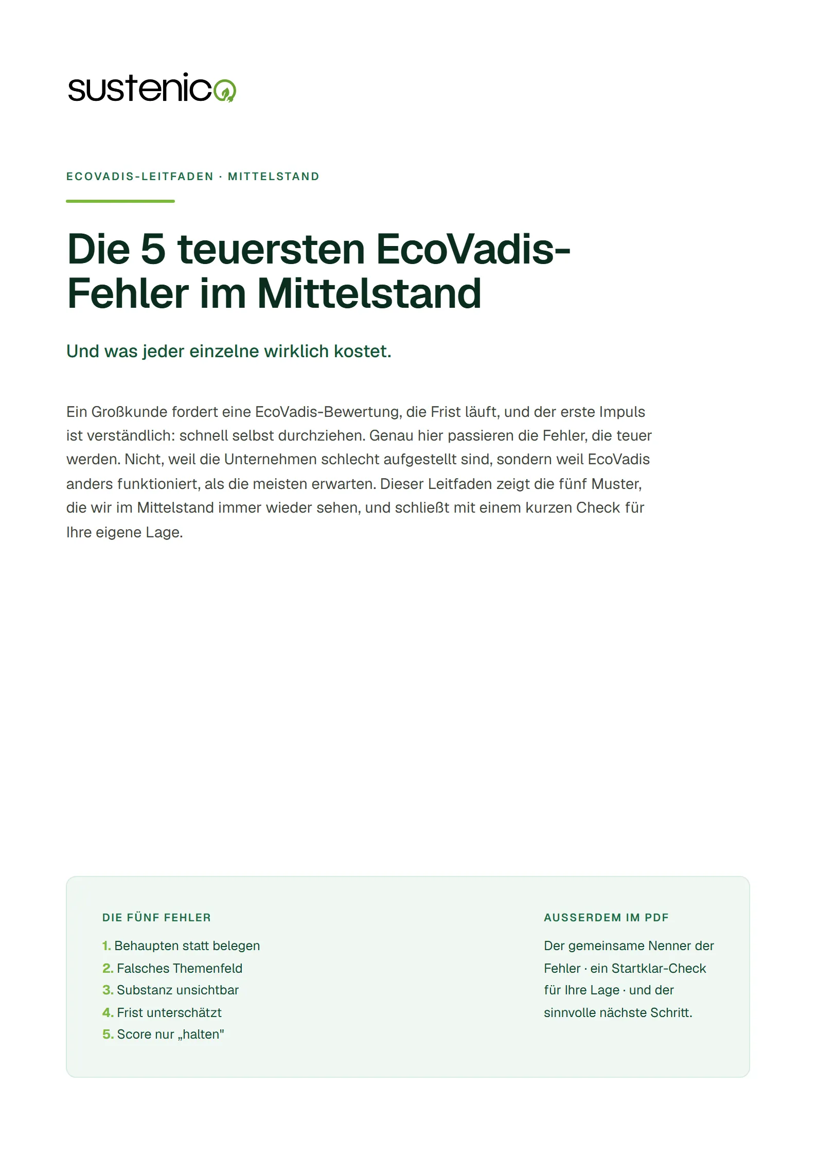 Titelseite des PDF-Leitfadens „Die 5 teuersten EcoVadis-Fehler im Mittelstand“